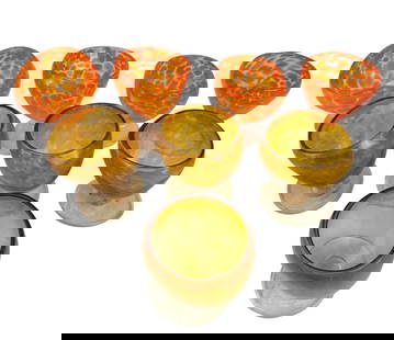 8 Murano Style Orange Amber Spatter Glasses SIGNED: Murano style set of six artisan studio hand blown art glasses / footed cups. Each piece features an organic, asymmetrical bowl form in colors of oranges and ambers with mottled or speckled spatter war