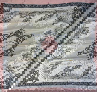 Hermes Faconnet Courbettes et Cabrioles Silk Scarf: Hermes Paris France, luxury designer silk twill scarf titled Courbettes et Cabrioles (1654), designed by Christiane Vauzelles under the pseudonym Faconnet. This equestrian themed carre features classi