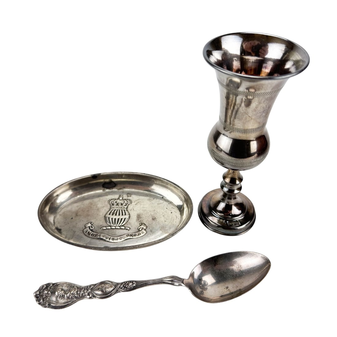 Sterling 925 & English Silver Cup Tray & Spoon 3pc: Grouping of three sterling 925 and English silver articles. Includes an Unger Brothers sterling teaspoon in the "He Loves Me" pattern circa 1904 with a side raised relief profile of a young maiden wit