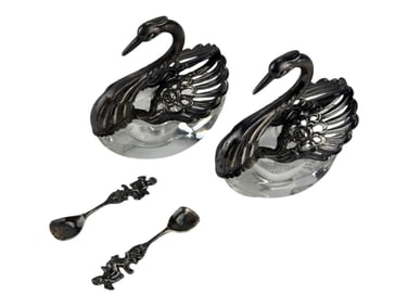 Sterling Silver Crystal Swan Salt Cellars w Spoons