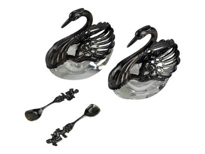 Sterling Silver Crystal Swan Salt Cellars w Spoons: Pair of figural swan form open salt cellar dips featuring pierced sterling silver 925 bodies with floral wings mounted atop faceted oval crystal bases. Each marked Sterling Silver Germany with FB in c