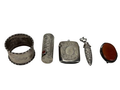 Antique Sterling 925 & 800 Silver Items 5pc LOT: Group of five silver pieces that includes a sterling napkin ring engraved Arthur; a carnelian sterling brooch pin, a sterling vinaigrette scent bottle an English sterling vesta case, Birmingham 1908 a