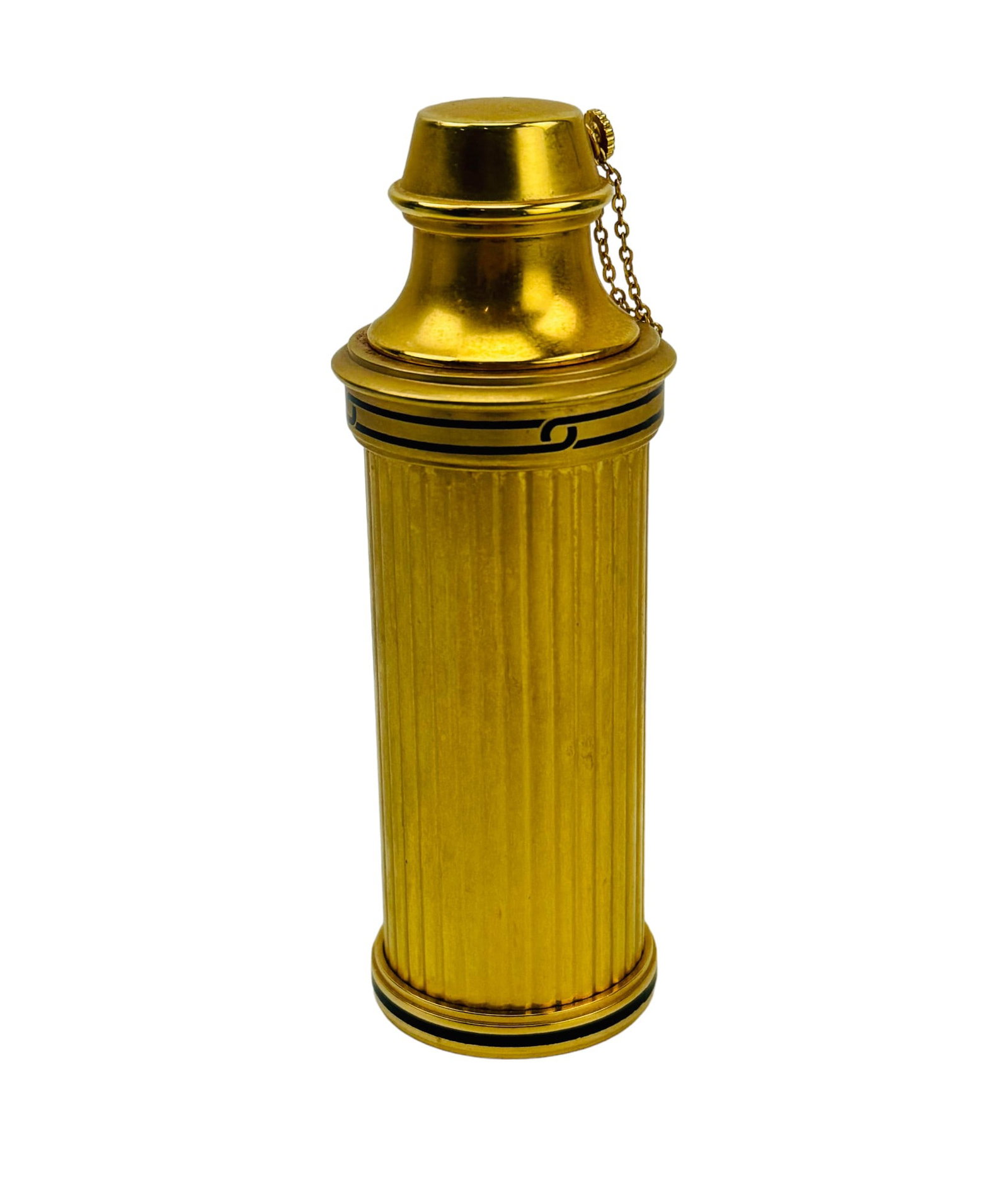 Cartier Natural Spray Gold Tone Refillable Purse: Limited edition travel / pocket size refillable glass perfume bottle by Cartier, Paris France. Modeled to fit inside a vertical ribbed gold tone case. Signed ~ stamped Cartier Paris Refillable Purse N