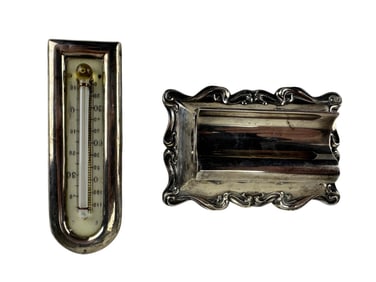 Sterling Art Nouveau Stamp Box & Desk Thermometer