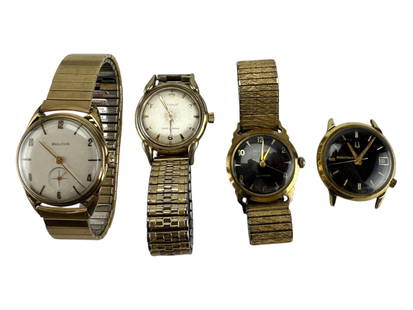 Bulova Accutron Benrus Goldtone Wrist Watch 4p LOT: Bulova and Benrus, grouping of four vintage men’s wristwatches including a Bulova 23 Jewels self-winding watch with black dial and gold tone case, a Bulova Accutron 2181 gold-tone watch with black d