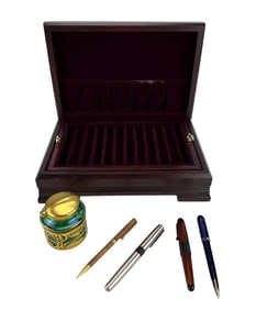 Ballpoint Pen 4pc LOT w/ Wood Case & Glass Inkwell