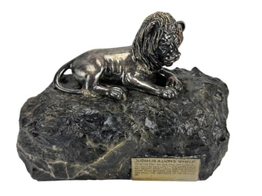 Yaacov Heller Silver Lion on Stone Base Sculpture