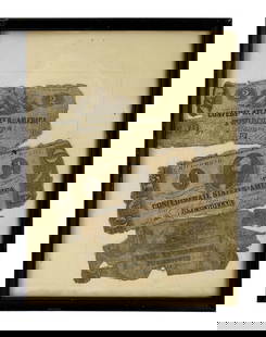 Confederate States Currency & Banknote Money Trio: A framed trio of historical Southern U.S. paper currency comprising : one Confederate States of America $2 bill dated June 2, 1862, one Confederate $1 bill dated December 1, 1862 and a scarce Bank of