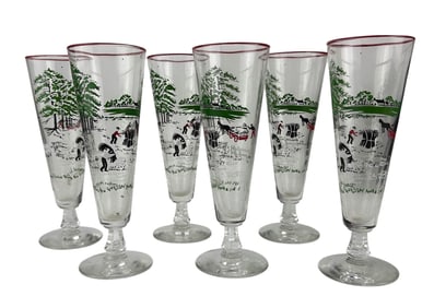 6 Libbey Currier Ives Farm Scene Champagne Glasses