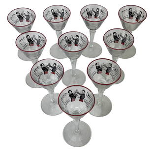 10 Libbey Pickwick Dickens Barware Cordial Glasses: Set of ten Libbey Glass Company bar barware cordial glasses. Circa 1950's era. Featuring the Pickwick design inspired by Charles Dickens The Pickwick Papers. The clear glass bowl is decorated with a s