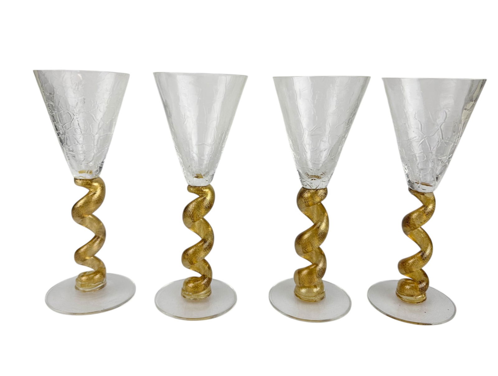 Union Street Spiral Gold Bar Barware Wine Goblets: Union Street Glass set of four Spiral pattern stemware wine goblets produced between 1996 and 2003. Each goblet features a clear conical bowl with a crackled appearance over a twisted stem crafted in