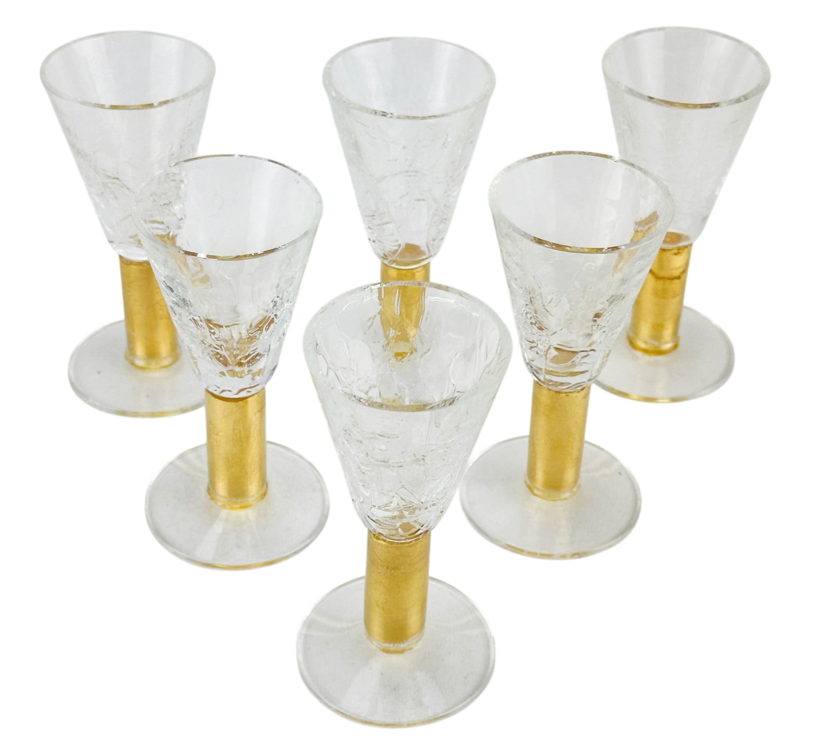 Union Street Tortuga Gold Stem Glass Cordials 6pc: Union Street Glass a set of six (6) Tortuga patterb bar barware cordial goblets produced between 1996 and 2009. Each goblet features a clear conical bowl with crackled glass appearance, elevated on a