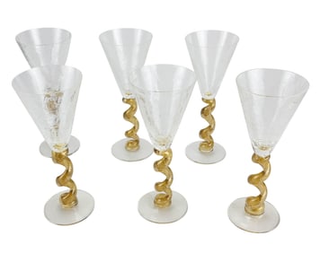 Union Street Spiral Gold Art Glass Water Goblet 6p