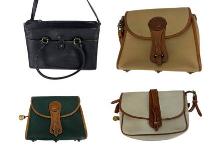 Dooney & Bourke Leather Purse Handbag Bags 4pc LOT: Lot of four vintage Dooney & Bourke handbags and satchels including one black pebble leather top zip satchel with dual rolled handle and three classic all weather leather crossbody bags in tan, green