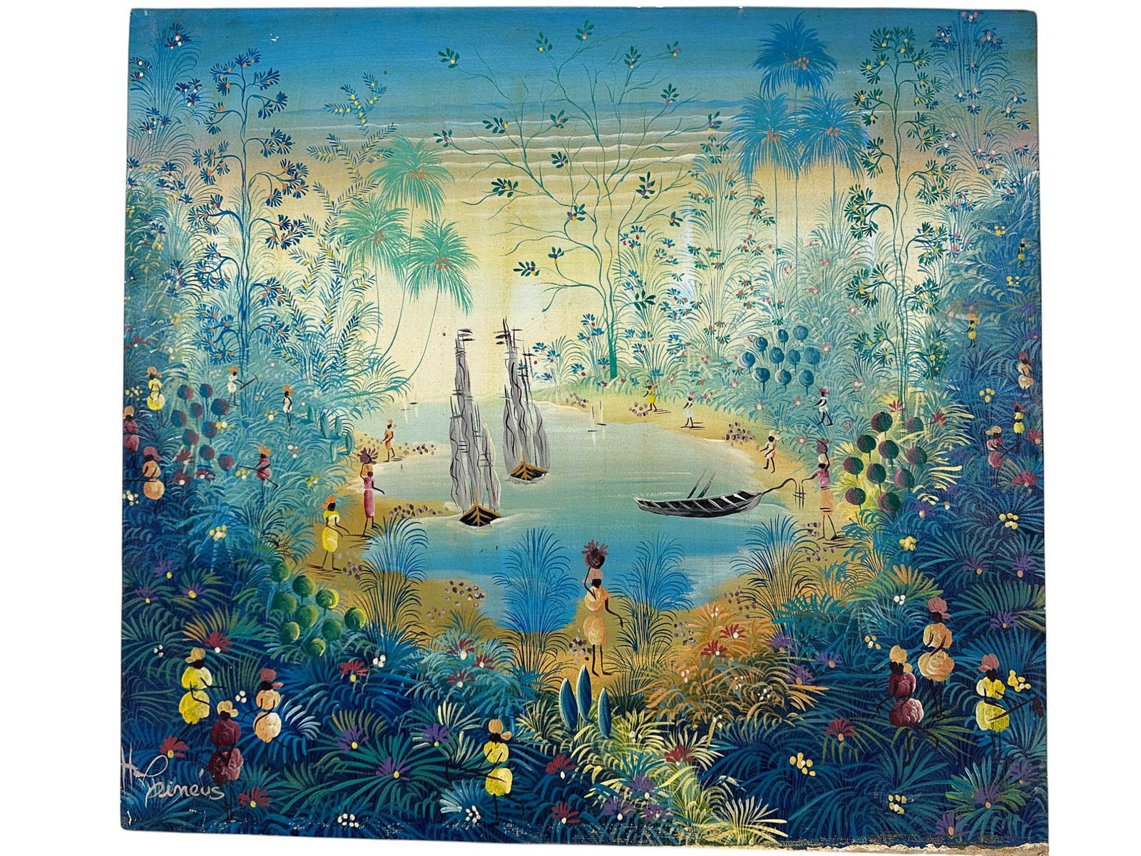 Caribbean Bay Figural Folk Art Oil Painting SIGNED: 20th century oil painting on canvas. Depicting a vibrant landscape scene featuring a body of water with boats and figures engaged in daily activities amidst lush vegetation. Signed by the artist lower