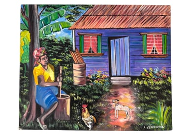 Stephenson Folk Art Caribbean Village Oil Painting