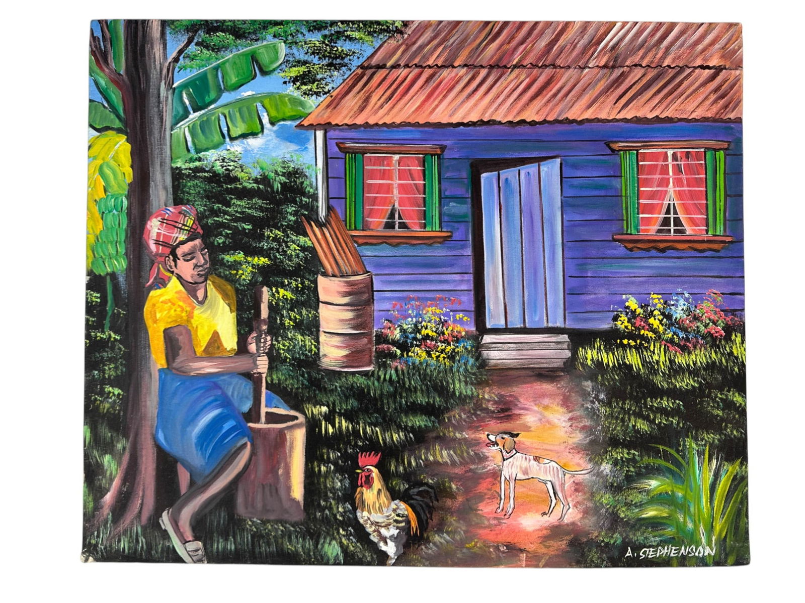 Stephenson Folk Art Caribbean Village Oil Painting (1 of 4)