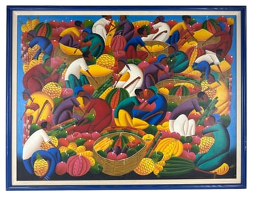 Caribbean Folk Art Market Scene Painting SIGNED