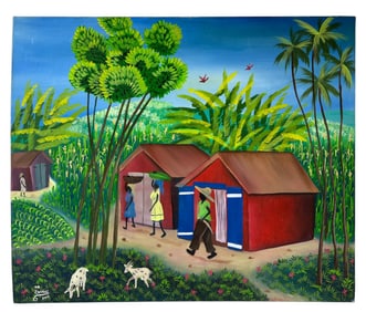 Zamor Haitian Folk Art Village Scene Oil Painting