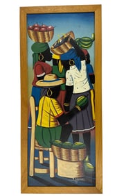 A Emmanuel Folk Art Haitian Market Oil Painting