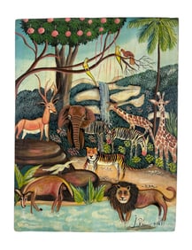 J Remy Haitian Folk Art Jungle Scene Oil Painting