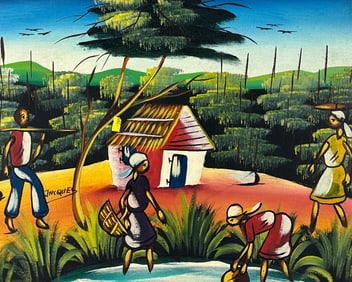 Haitian Folk Art Village Landscape Painting SIGNED