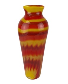 Red & Yellow Swirl Cased Art Glass Vase SIGNED