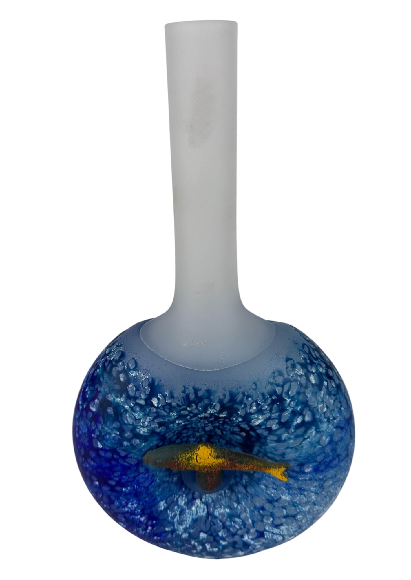 Kosta Boda Kjell Engman Fish Art Glass Vase SIGNED: Kosta Boda Kjell Engman signed art glass vase featuring a tall frosted neck rising from a flattened ovoid body with vivid blue mottled ground and an applied sculptural yellow fish swimming through the