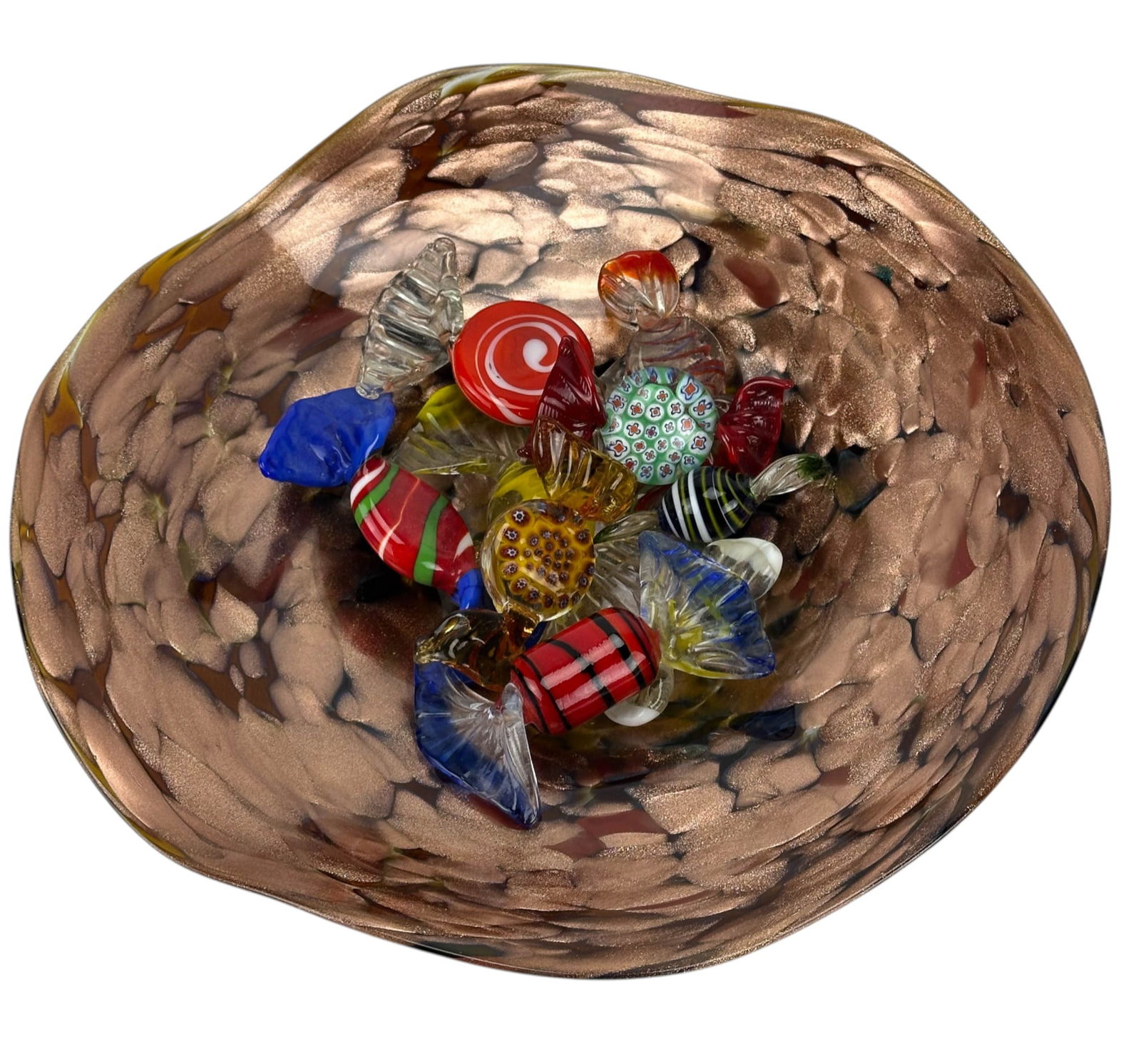 Kosta Boda Murano Doodle Bowl & Glass Candy LOT: Includes a Kosta Boda art glass bowl designed by Bertil Vallien featuring a blue interior with clear and orange half concentric circle designed exterior decoration, signed and numbered on the base. A