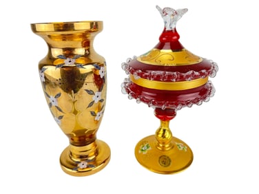 Murano Red Glass Compote & Czech Amber Gilt Vase