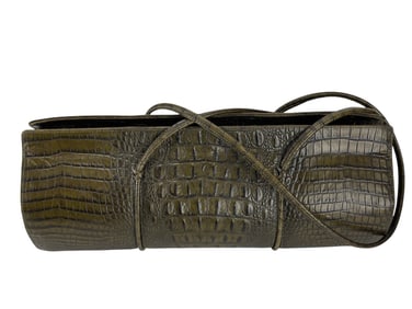 Besso Olive Brown Crocodile Embossed Barrel Bag