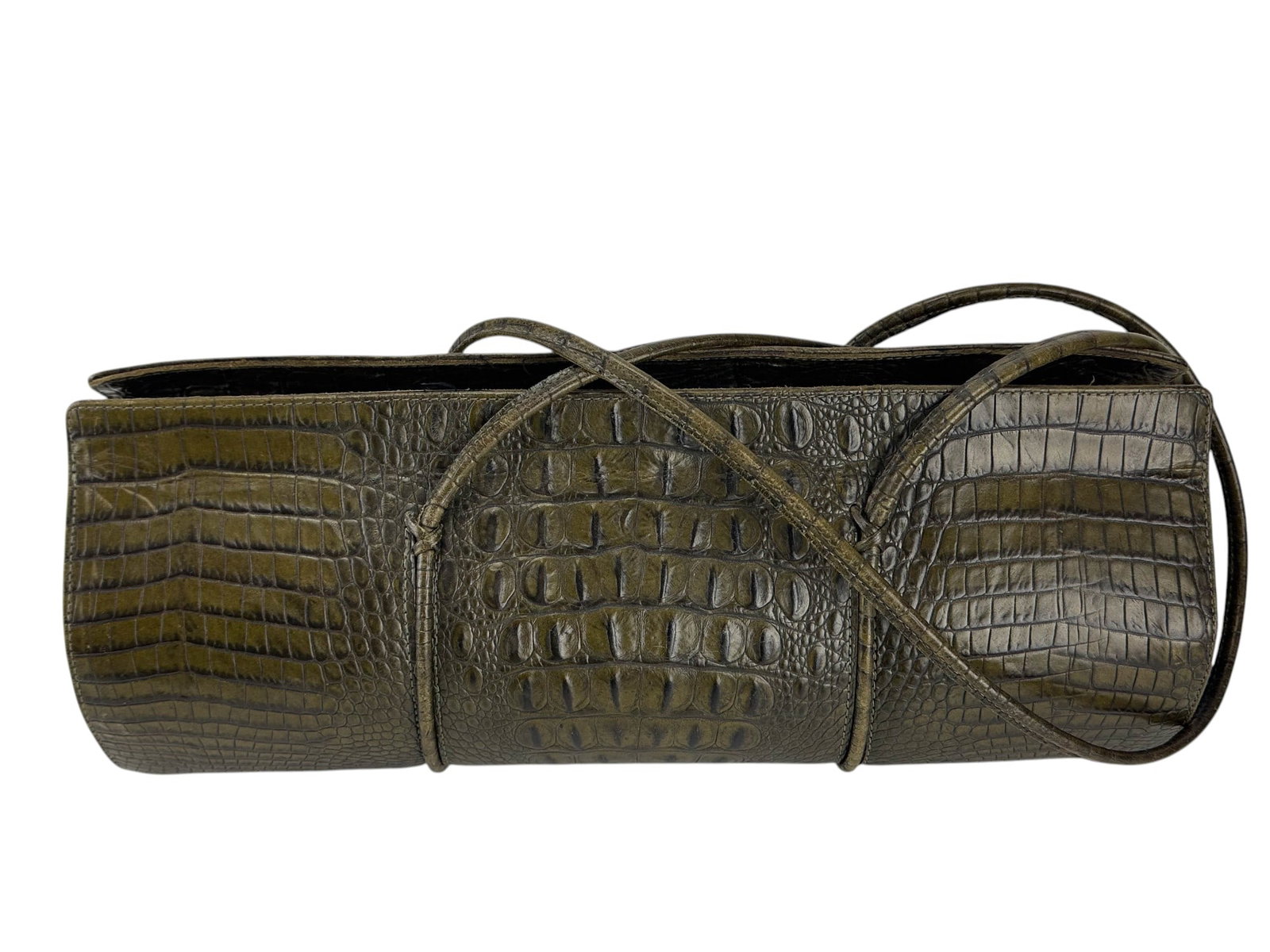 Besso Olive Brown Crocodile Embossed Barrel Bag: Besso an olive brown faux crocodile embossed barrel shaped handbag featuring prominent raised scale patterns and naturalistic texture. The structured bag has dual rolled handles, metal protective feet