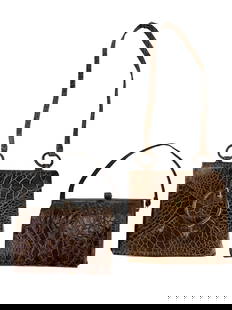 2 Brown Embossed Leather Ladies Evening Purse Bags: Two vintage handbags, both crafted of brown embossed leather imitating crocodile or alligator hide. One is a structured barrel form handbag with brass tone metal frame, hinged clasp and short matching