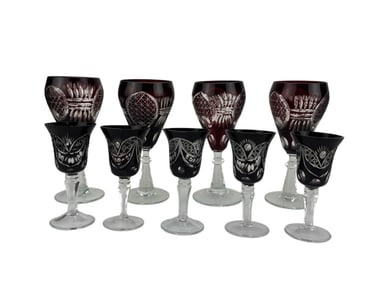 Bohemian Red Cut Clear Crystal Wine & Cordial 9pc