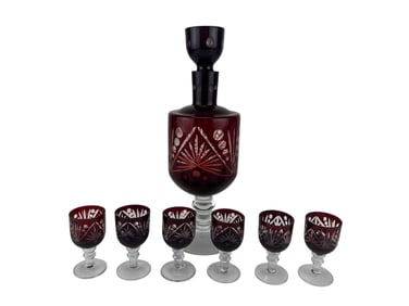 Bohemian Crystal Cut Clear Ruby Decanter 6 Cordial