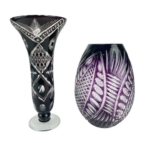 Bohemian Crystal Amethyst & Red Cut Clear Vase 2pc