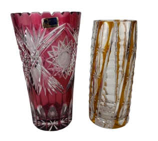 Lausitzer Pink Czech Amber Cut Clear Crystal Vases