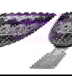Bohemian Crystal Cut Clear Amethyst Pedestal Bowl: Bohemian Czech 20th century large cut to clear crystal centerpiece pedestal centerbowl in vibrant amethyst purple overlay. Showcases geometric and starburst patterns, including deeply cut hobstars, bu