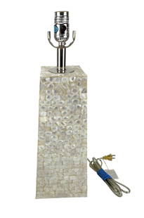 Contemporary Mother of Pearl MOP Mosaic Table Lamp: Modern table desk top lamp featuring a tapered rectangular column form, meticulously covered in square mosaic tiles of shimmering mother of pearl shell in iridescent tones of cream and white. Fitted w