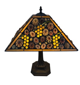 Shell Mosaic Leaded Glass Lamp Shade w Bronze Base
