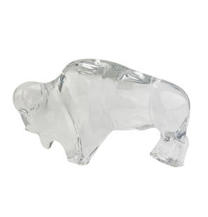 Baccarat French Crystal Bison Art Glass Sculpture: Baccarat France 20th century clear crystal art glass curio cabinet display figurine. Depicting a stylized bison in a naturalistic stance, rendered with smooth contours and subtle detail that capture t