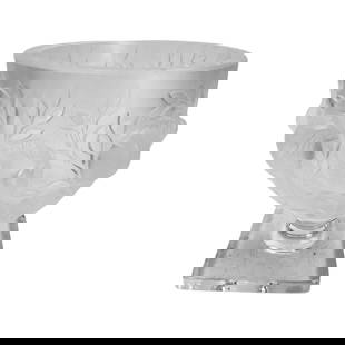 Lalique Crystal Elizabeth Sparrow Bird Glass Vase: Titled "Elizabeth" this article was created in 1961 by Marc Lalique (French, 1900 - 1977). Features plump sparrow / finch style birds, nestled amongst foliage, in relief and graced with a satin finish
