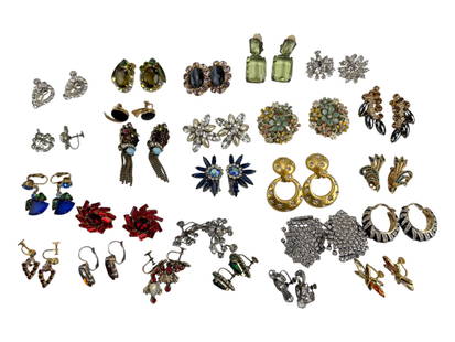 Costume Jewelry Rhinestone Clip Earrings 25pc LOT: A varied collection of vintage costume jewelry earrings featuring clip on styles. The group includes rhinestone sprays, enamel and floral and motifs, faceted glass stones in various colors, molded pla