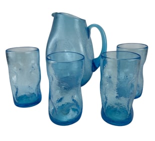 Blenko Turquoise Blue Crackle Glass Tumbler Jug 5p