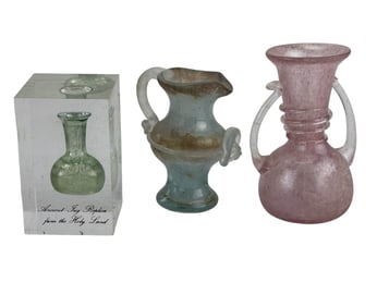 Holy Land Style Pink Blue Green Glass Mini Jugs 3p