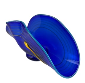 Yellow Blue Abstract Sculptural Glass Bowl SIGNED