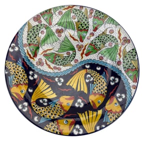 Italian Majolica Koi Carp Fish 20C Ceramic Charger