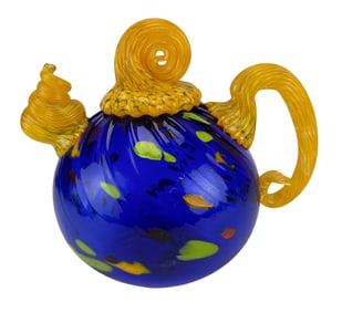 Cobalt Yellow Speckle Glass Abstract Teapot SIGNED