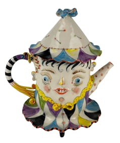 Whimsical Hand Painted Ceramic Clown Teapot w Lid