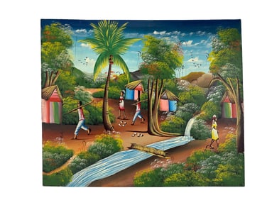 Haitian Folk Art Village Landscape Painting SIGNED